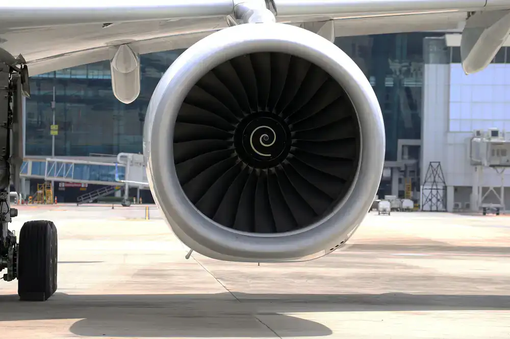 Exterior view of the enclosed twin-engine commercial jet simulator structure